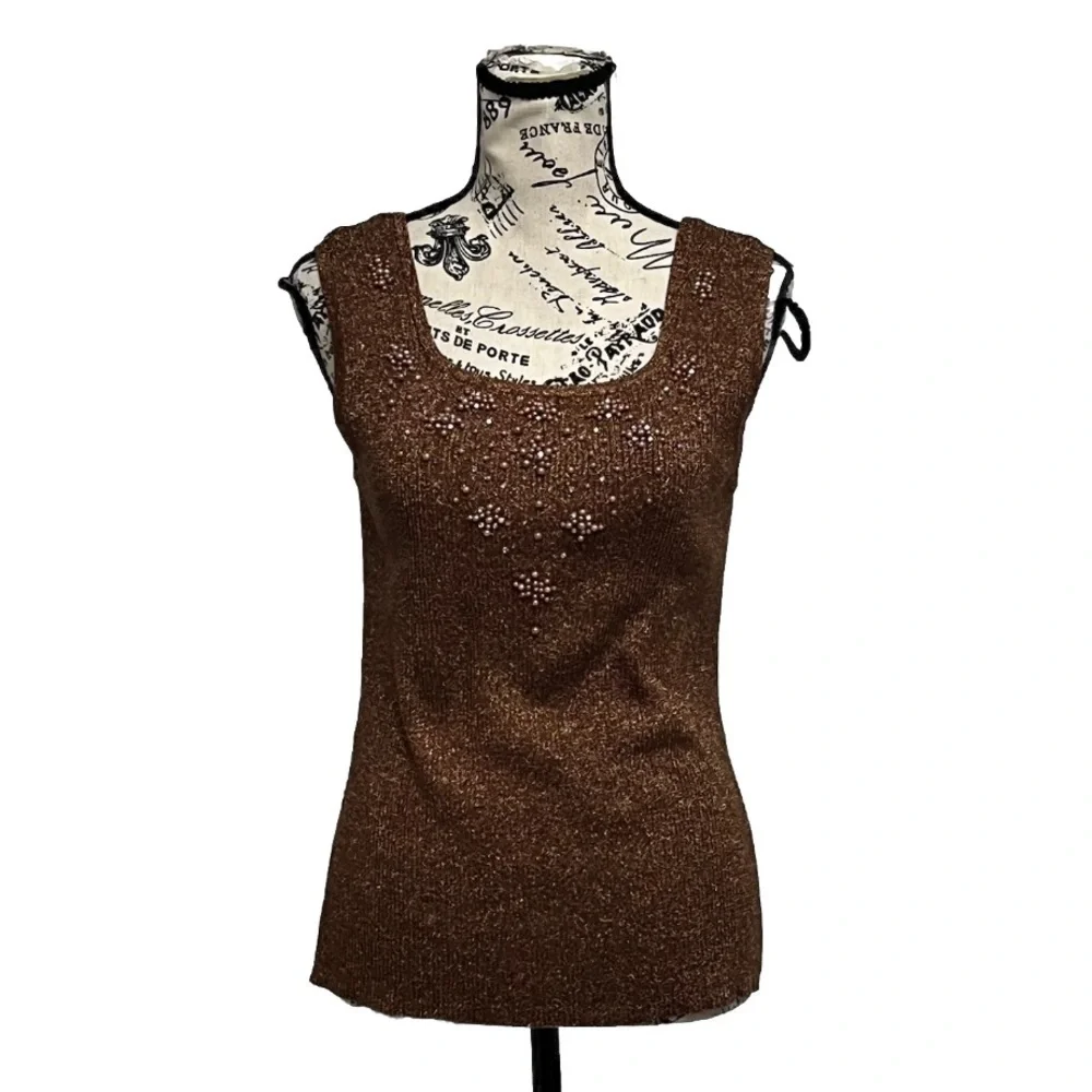 Vintage Just One Metallic Brown Gold Beaded Tank Top L | 80s Y2K Party Glam - Picture 2 of 10